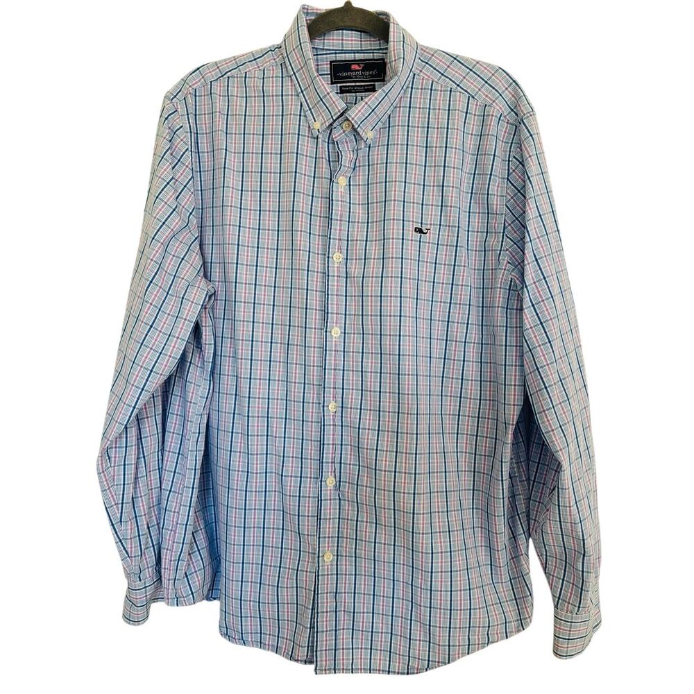Vineyard Vines Men XL Button Down Plaid Shirt Slim Fit Whale Blue